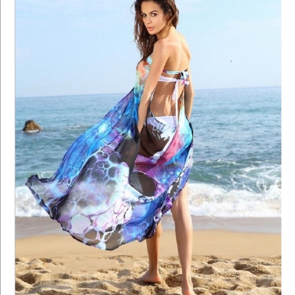 Colorful Blue Print Chiffon Beach Coverup - Picture 5 of 5